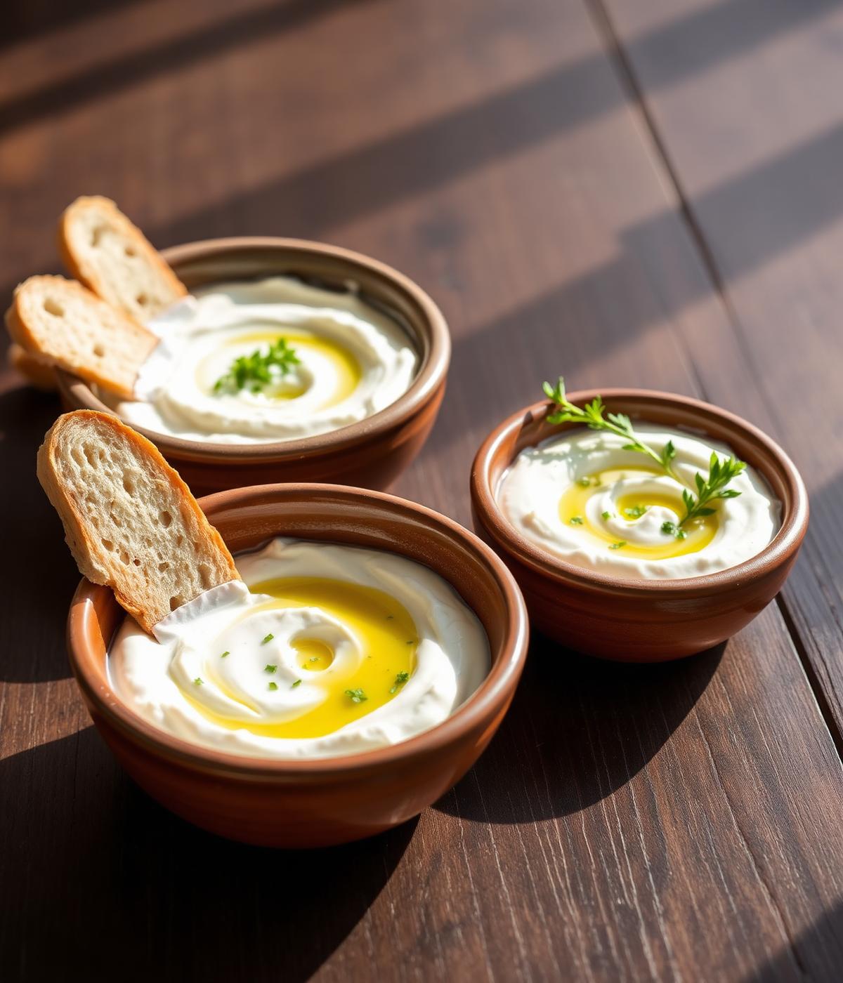 Χειροποίητο τζατζίκι και τυροκαυτερή σε πήλινα μπολ